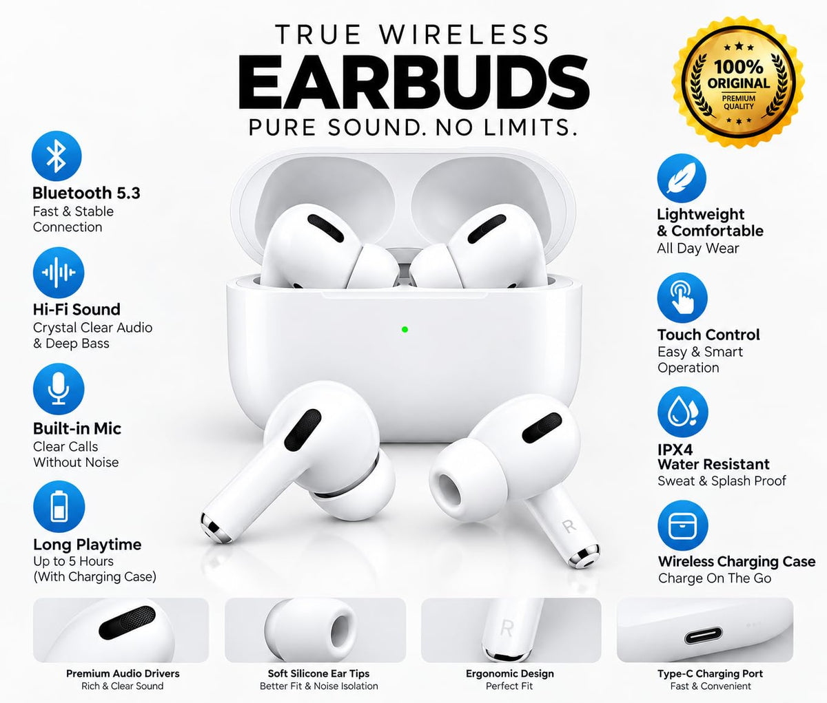 Wireless In-Ear Pro Earbuds with Wireless Charging Case White